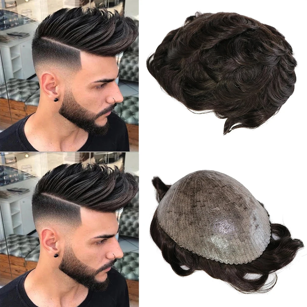 

Jet Black #1 Natrual Wave 100% Human Hair Thin Skin Base Toupee Durable Prosthesis Full Pu Men's Wig Replacement System Unit