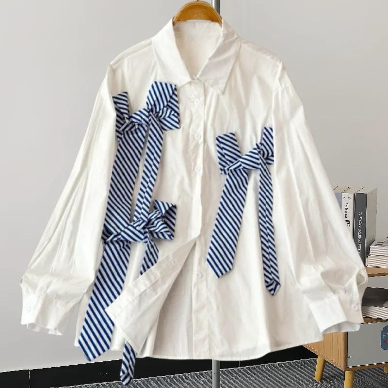 Женская черная свободная полосатая блузка из полиэстера