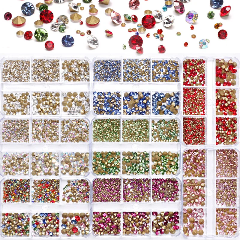 

1Box 6Grids SS4/SS6/SS10/SS12/SS16/SS20 Mixed Nail Rhinestones Multi-Colors Nail Sharp Bottom DIY Glass Crafts Gems Stones