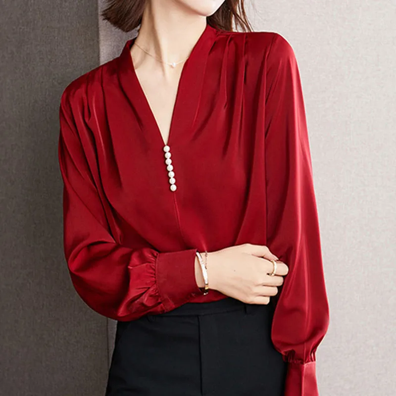

Burgundy Satin V-Neck Lantern Sleeve Thin Women Blouse Bright Color Embroidered Flares Chiffon Pullover Female Cloths French