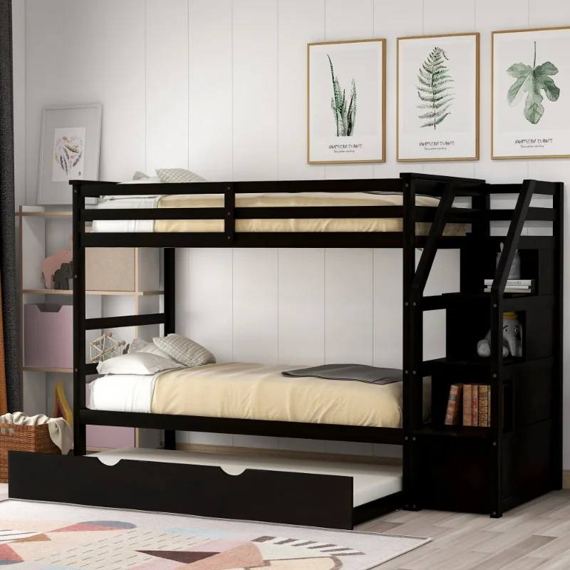 

Twin-Over-Twin Bunk Bed with Twin Size Trundle and 3 Storage Stairs\ Espresso (OLD SKU :LP000064AAP) Espresso Solid