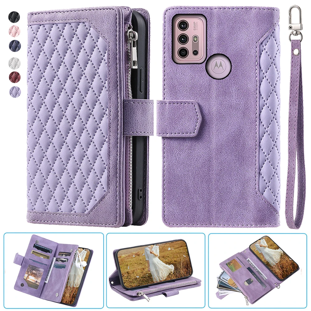 

For MOTO G20 Fashion Small Fragrance Zipper Wallet Leather Case Flip Cover Multi Card Slots Cover Folio with Wrist Strap