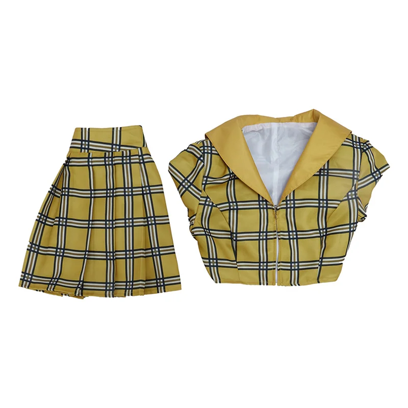 Movie Clueless Cher Cosplay Costume Women Yellow Plaid Uniform Crop Top Skirt Suit Halloween Party School Student Outfits images - 6