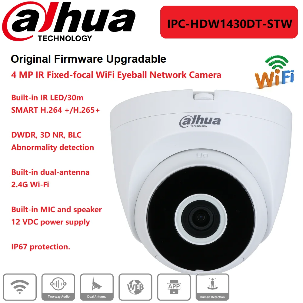 

Оригинальная камера Dahua 4 МП ИК с фиксированным фокусным расстоянием Wi-Fi Сетевая камера для глазного яблока Встроенная двойная антенна 2,4G ...