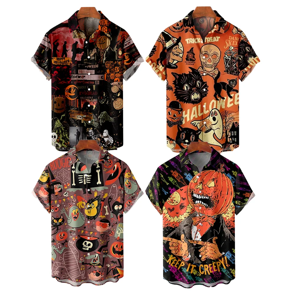 Casual Festive Collection Halloween Skull, Cat & Spider Pumpkin Print Men's Lapel Short Sleeve Hawaiian Shirt