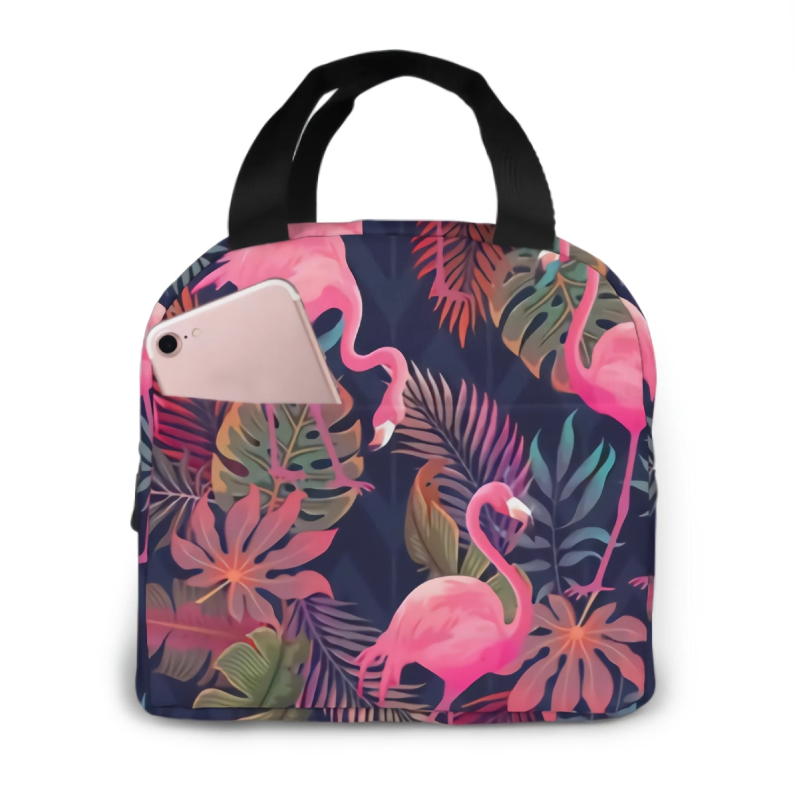 

Pattern With Pink Flamingo And Palm Leaves Insulated Lunch Bag lunch box containers for Women Men Shopping Office，School，Picnic