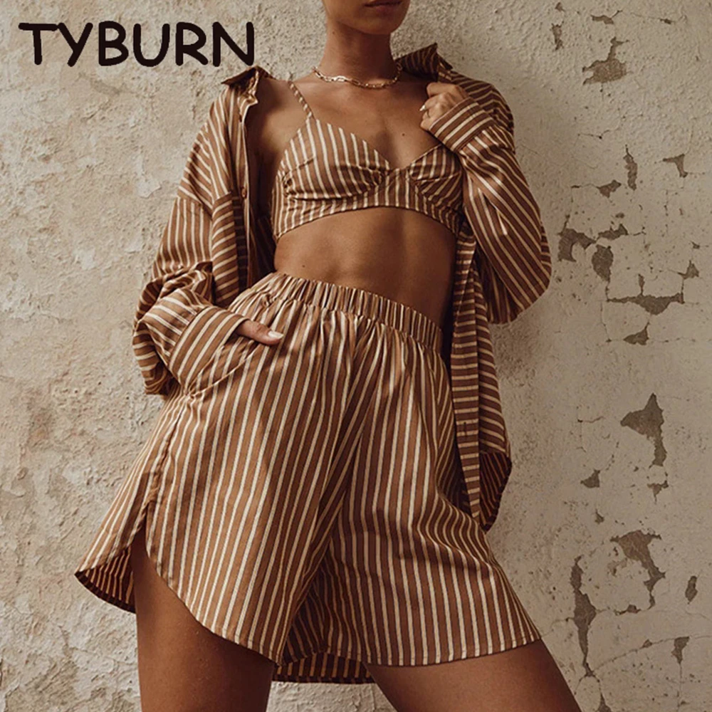 

Женский спортивный костюм TYBURN, рубашка в полоску, шорты, комплект из трех предметов, Топ с длинным рукавом и мини-шорты, летний женский компл...
