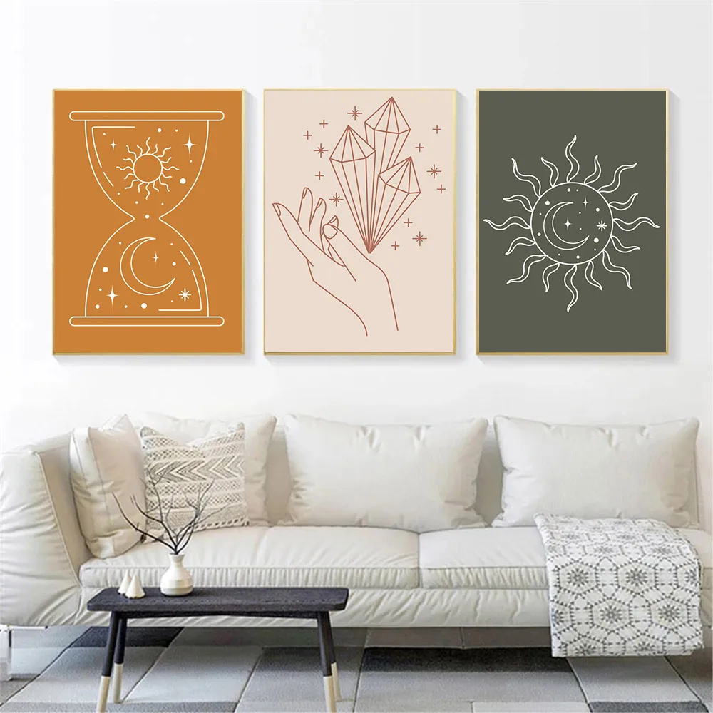 

Boho Prints Abstract Line Drawing Canvas Poster Sun Moon Art Painting Celestial Hand Diamond Posters Wall Pictures Home Decor