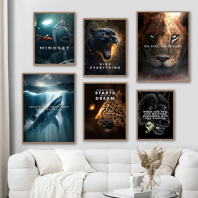 

Vintage Animal Lion Shark Tiger Motivation Quote Poster Canvas Painting Wild Life Inspirational Wall Art For Office Home Decor