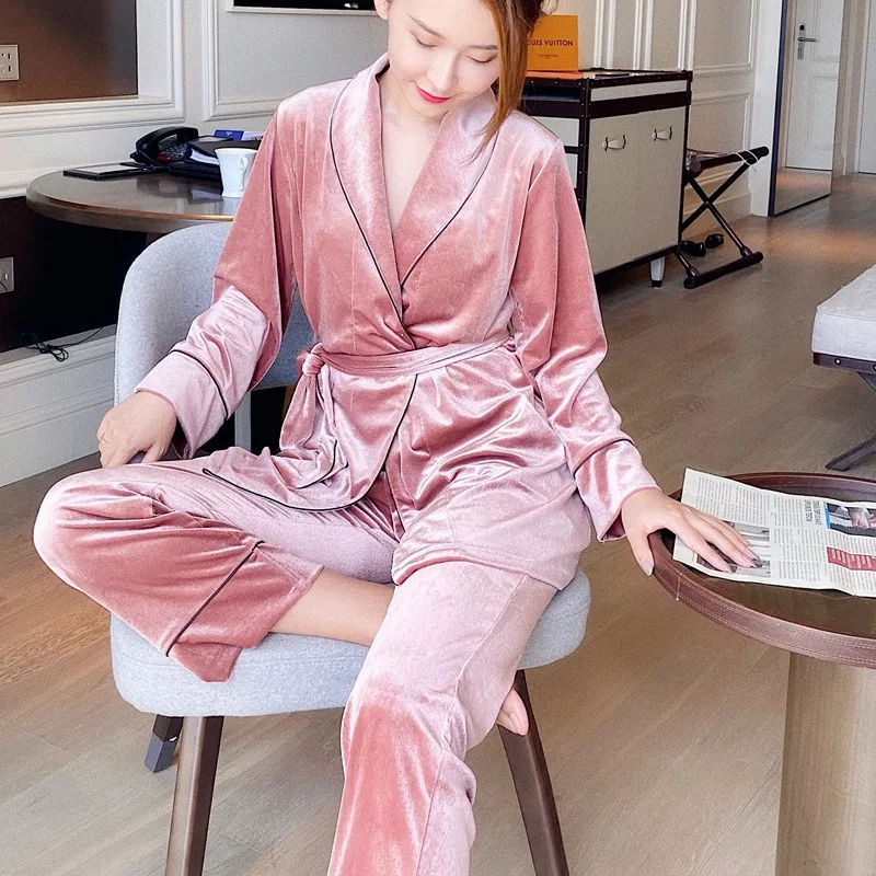 Women's 2PCS Outfits Golden Velvet Pyjamas With Belt Female Winter Nightwear Nightgown Set Fashion Sleepwear Homewear