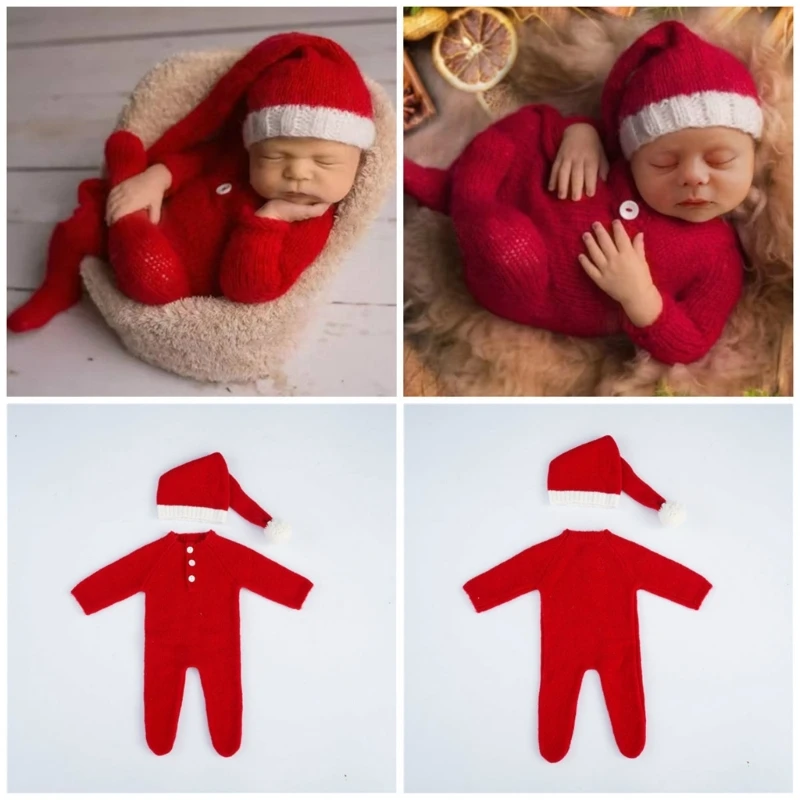 

Одежда для фотосъемки новорожденных Вязаный комбинезон с Санта-Клаусом и Рождественская шапка реквизит для фотосъемки младенцев наряды для маленьких мальчиков и девочек