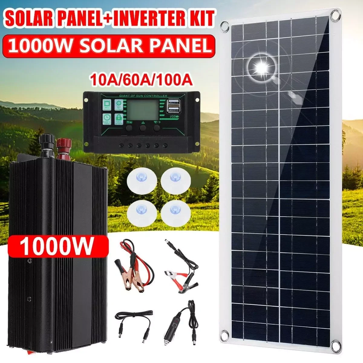 

2023NEW 1000W 12V Solar Panel Inverter Solar Panel System Kit Car Van Boat Camper Battery Charger+1000W Inverter Controller 10A/