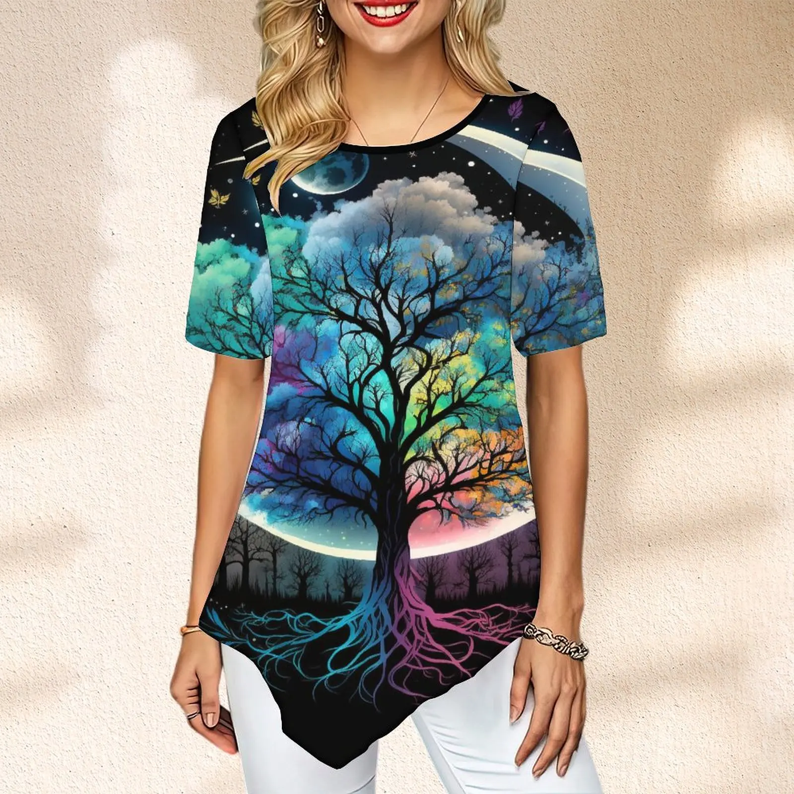 

Летняя женская футболка с принтом дерева жизни и Луны, футболка с коротким рукавом и асимметричным подолом, блузка с графическим принтом
