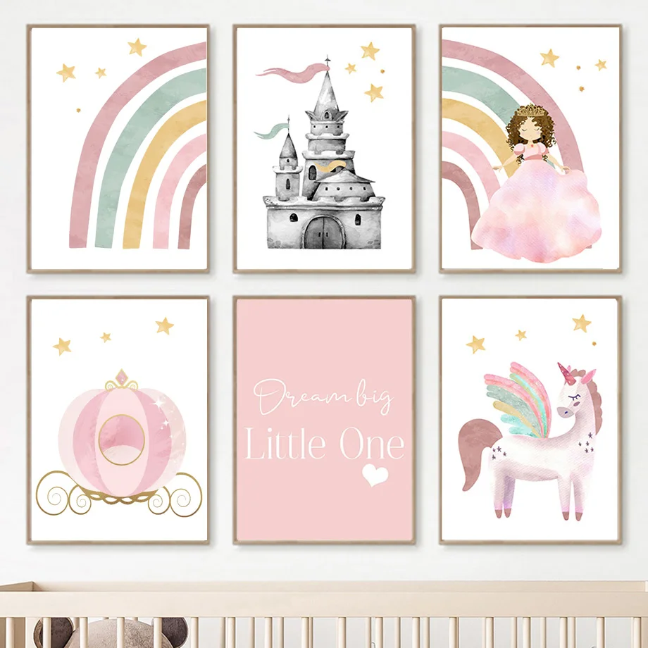 Принцесса замок единорог радуга солнце звезда настенная живопись холст