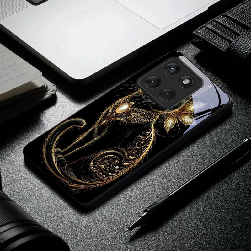 Фото Чехол для телефона Mystic Golden Pearl Cat из черного стекла для Motorola Moto Edge 60 70 20 Lite 30 Pro 40 50 Ultra X30 Pro G14 G75 G84 №2