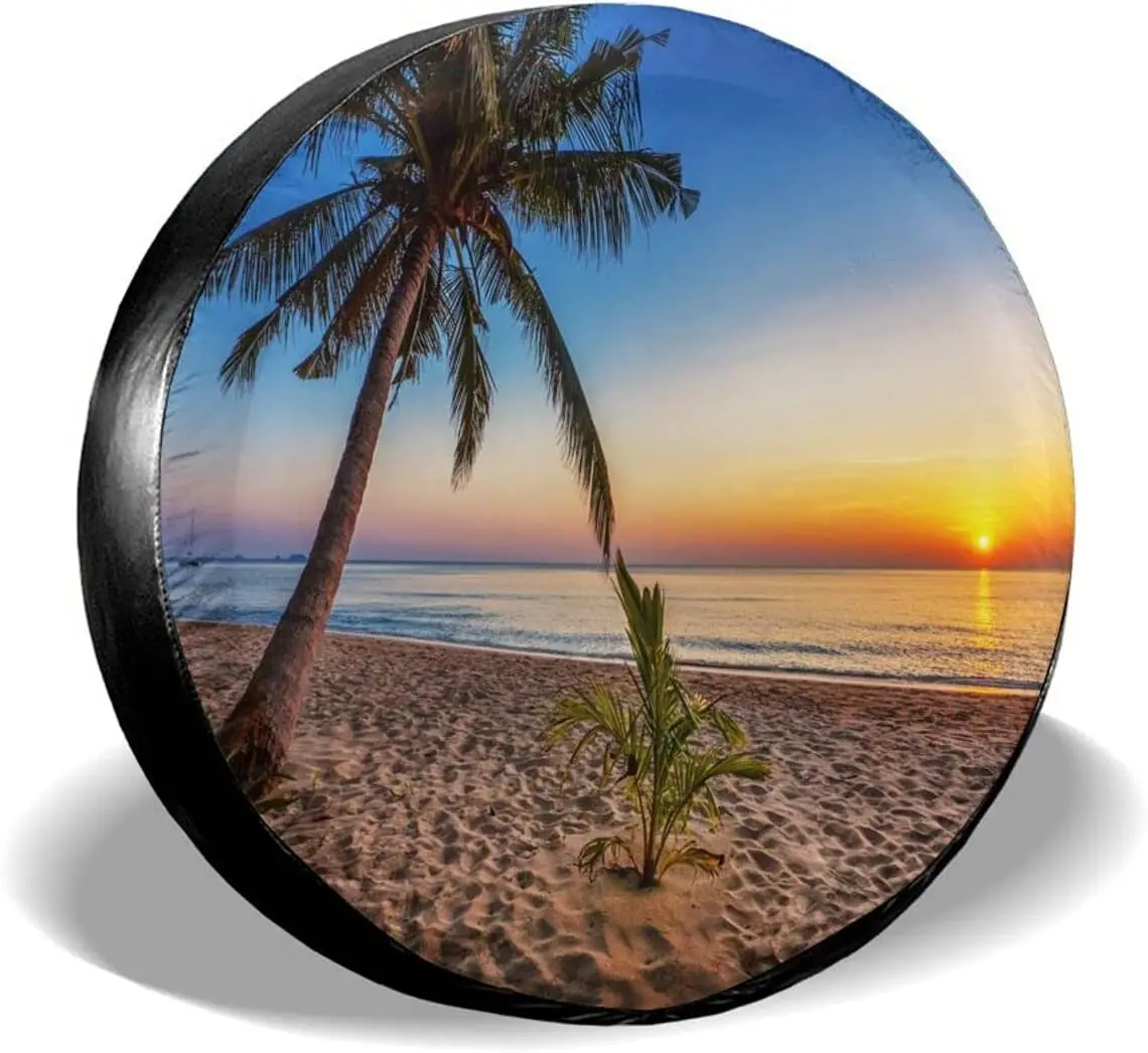 

Tropical Beach at Beautiful Sunset Spare Tire Cover Waterproof Dust-Proof UV Sun Wheel Tire Cover Fit
