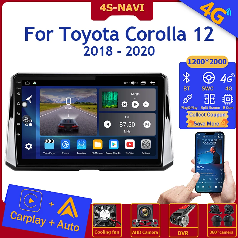 

Автомагнитола на Android, мультимедийный плеер с монитором для Toyota Corolla 12 2018-2020, навигация GPS, головное устройство Carplay, Bluetooth, 4g