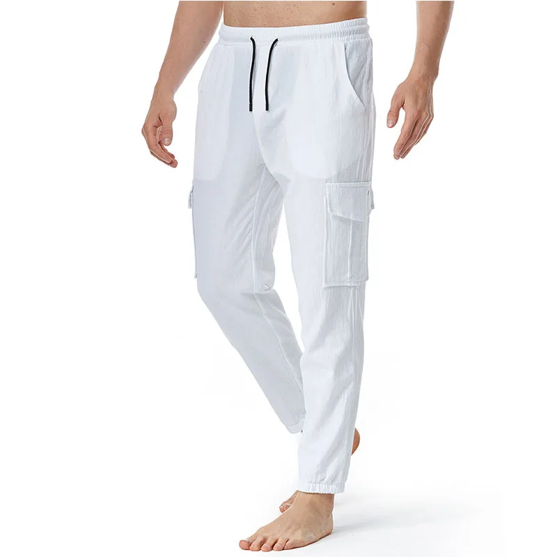 

White Linen Cargo Pants Men 2023 Summer New Lightweight Casual Elastic Waist Trouser Men Yoga Beach Jogger Pants Pantalones XXXL