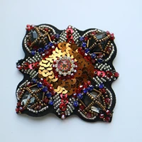 1pc square beaded embroidered patches for clothing sew on rhinestone fan parches appliques decoration badge parche