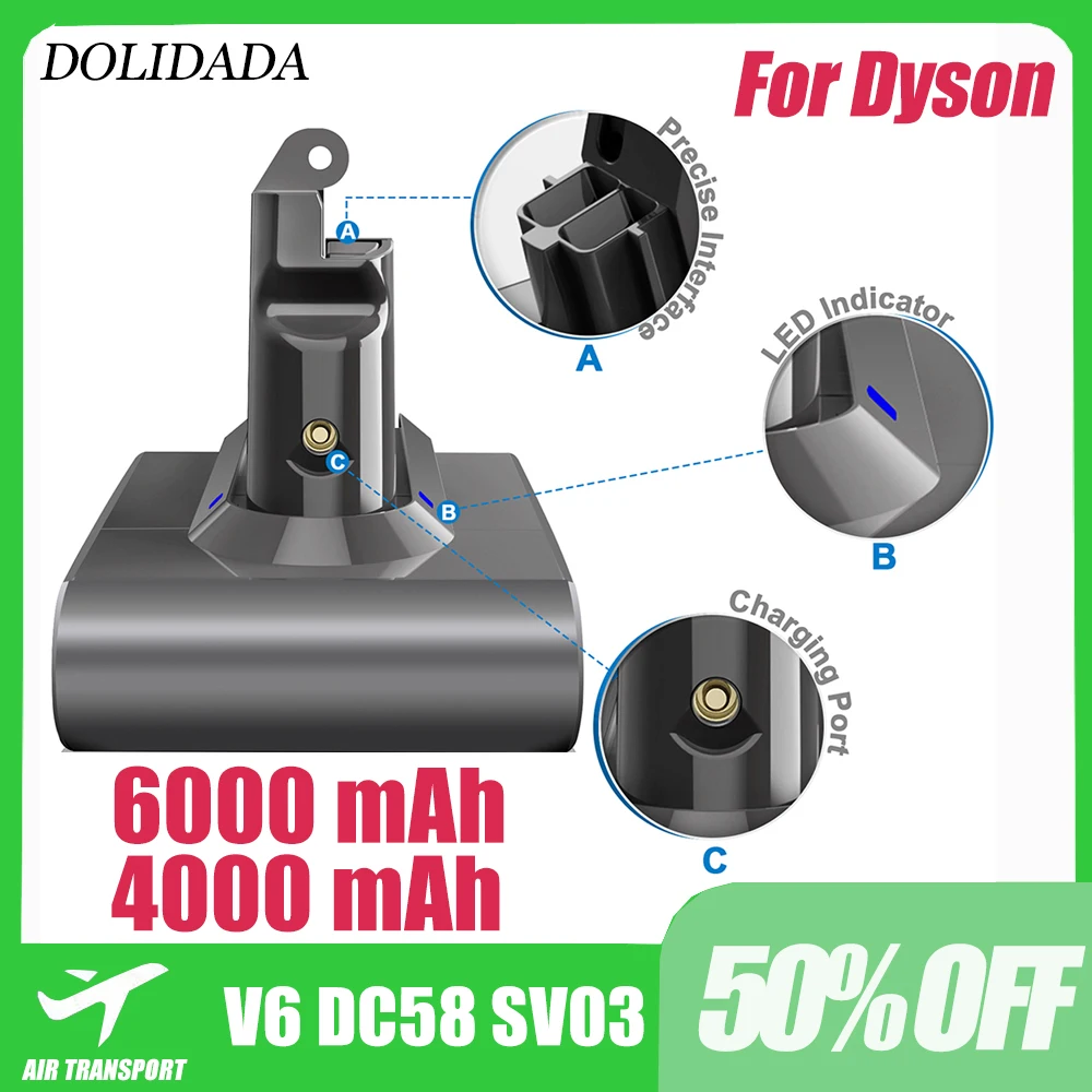 

21.6V 6Ah 4Ah Vacuum Cleaner Battery for Dyson V6 Battery DC62 DC59 DC58 SV03 SV04 SV09 V6 Animal Motorhead Absolute Fluffy IL