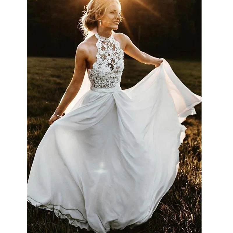 

Шифоновые кружевные аппликационные свадебные платья в стиле бохо с лямкой на шее трапециевидные пляжные свадебные платья на молнии сзади