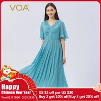 voa office v neck folds blue atoll woman georgette silk dress elegant chic butterfly short sleeves pleated long dresses ae1110