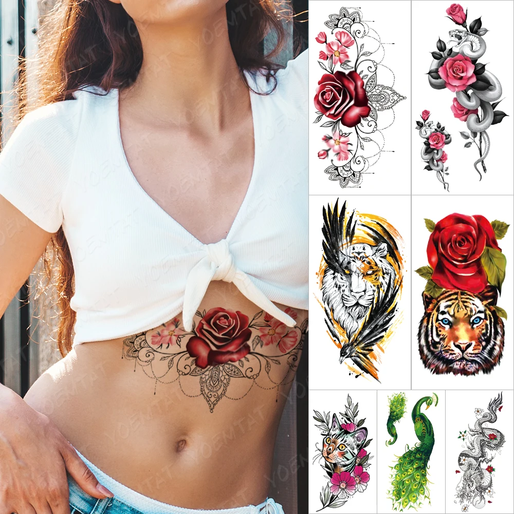 

Sexy Waterproof Temporary Sleeve tatooo Stickers Red Rose Flower Jewelry Neck Chest tatoos Body Art Fake Transfer tatoo Women