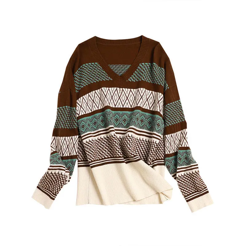 

O Neck Vintage Sweater Pullovers for Women Casual Loose Long Sleeves Jumpers Autumn Female Drop Shoulder Kintting Tops T657