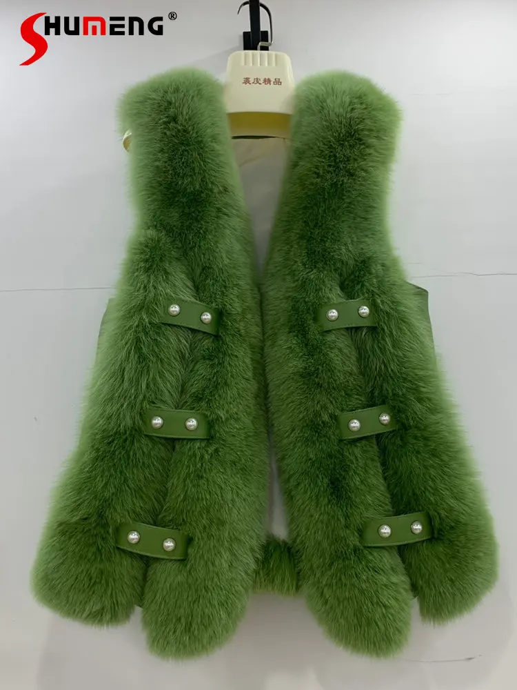 Fashion Luxury Korean Style Fox Fur Mid-Length Vest Coat Ladies 2022 New High Quality Fur Integrated Real Woolen Vests for Women