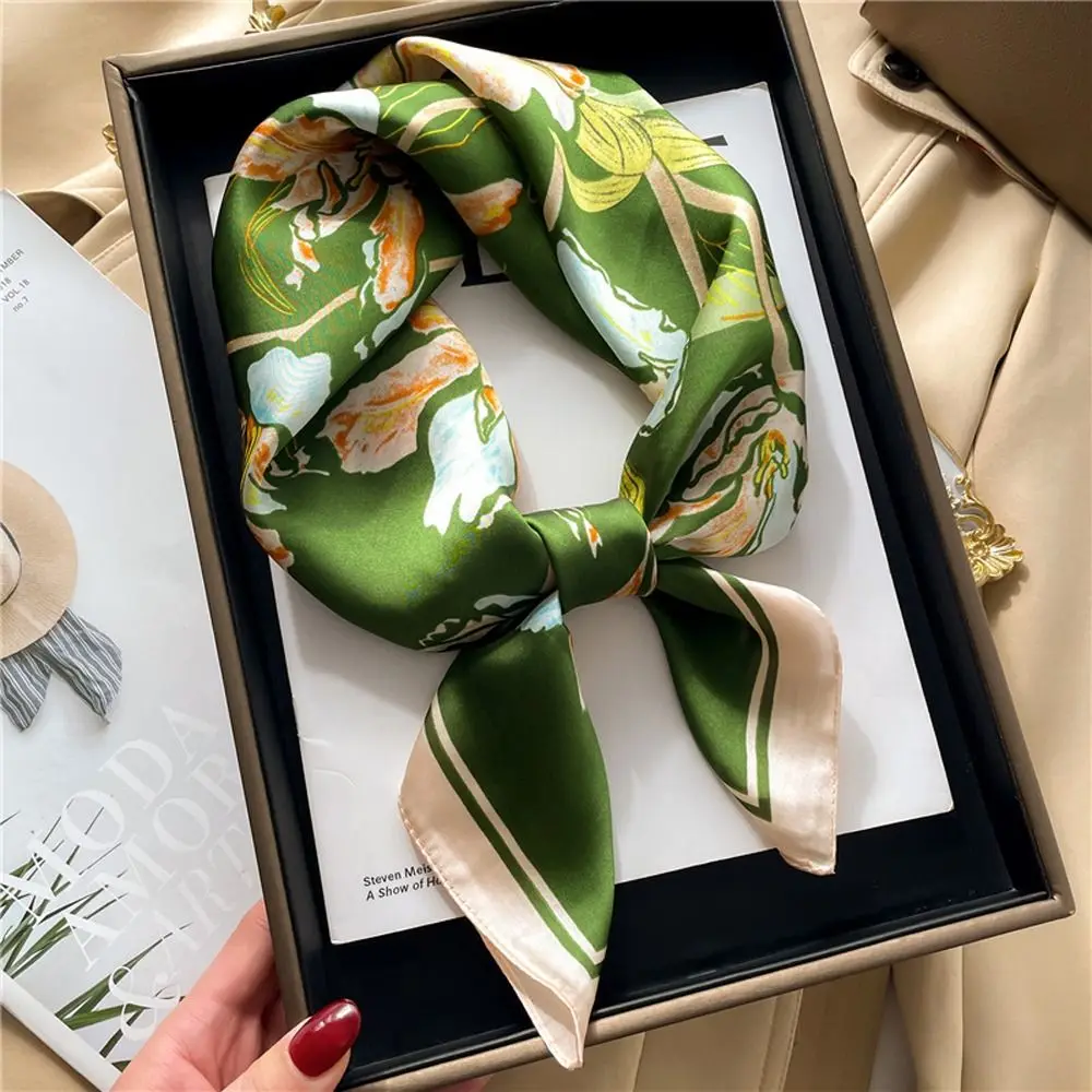

Scarf Stylish Hair Bands Spring Headband Sun Protection Square Flower Printed Scarf Satin Silk Scarves Women Hair Ribbon Floral