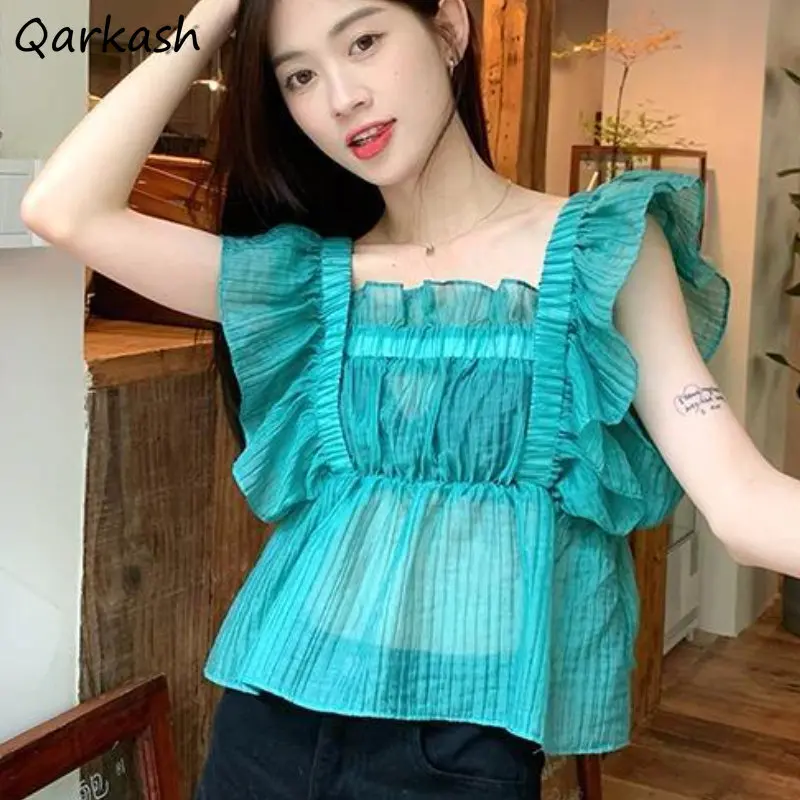 

Blouses Women Temperament Fairycore Flying Sleeve Summer New Gentle Vintage Ruffles Female Korean Style Casual Solid Tops Chic