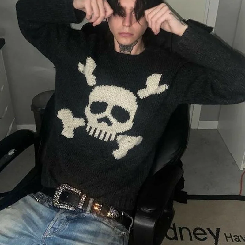 

otic Sweater Skull rapic Knitwear ip op Punk Men's Pullover Retro Vintae Lon Sleeve Women's Top Oversize Clotes 90s