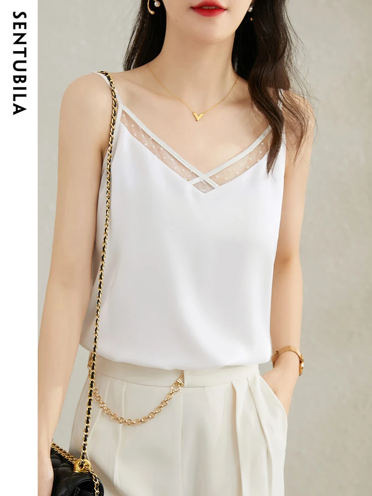 

Sentubila Sleeveless Satin Camisole for Women 2023 Sexy V Neck White Cami Tops Casual Loose Summer Spaghetti Strap Tank Blouses