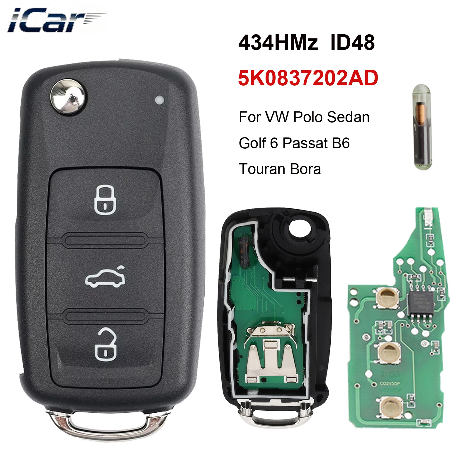 3-кнопочный дистанционный откидной ключ, чип ID48 434 МГц для VW Volkswagen GOLF PASSAT Tiguan Polo Jetta Beetle Skoda Seat Car 5K0837202AD