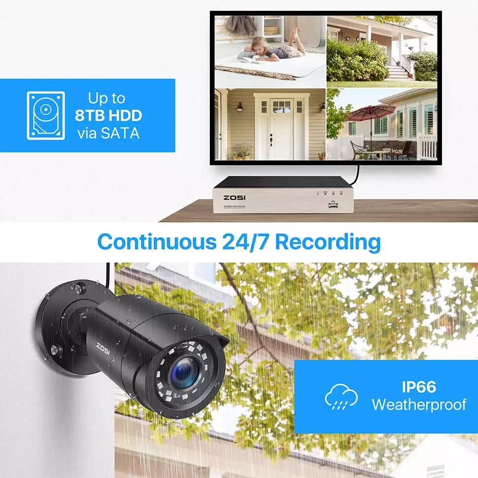 

ZOSI 8CH 1080P CCTV System Outdoor 5MP Lite Video DVR with 2/4/6/8pcs 2MP Security Camera Day/Night Video Surveillance System