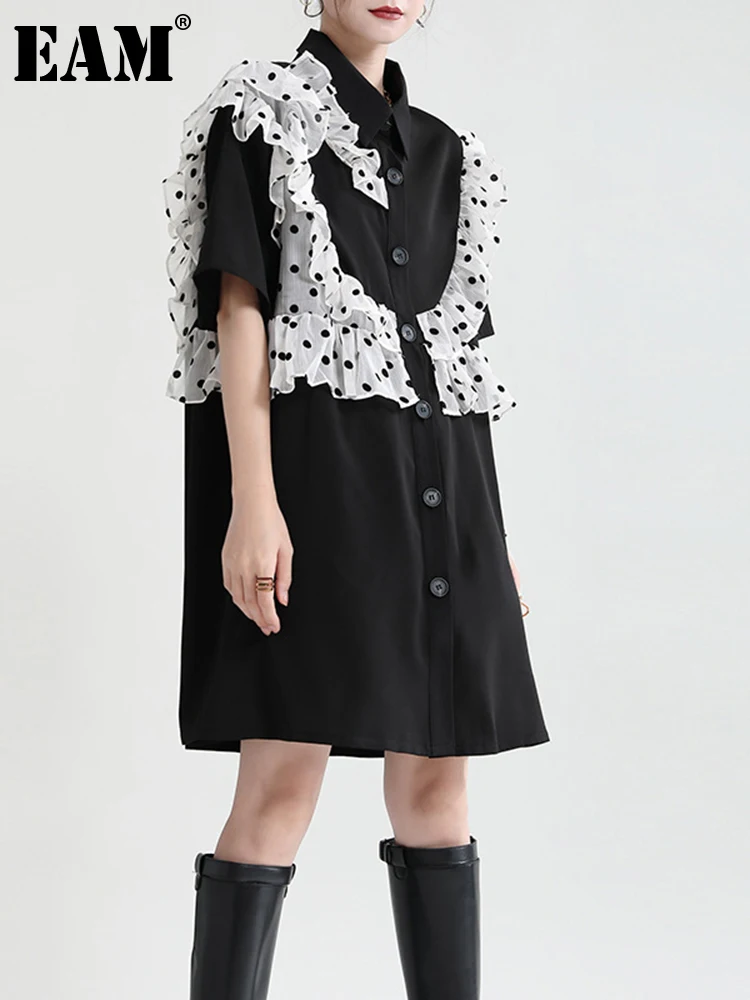 

[EAM] женское платье-рубашка в черный горошек, с оборками, новинка, с отворотом, с коротким рукавом, свободный крой, мода, весна-лето 2022 1DE0682