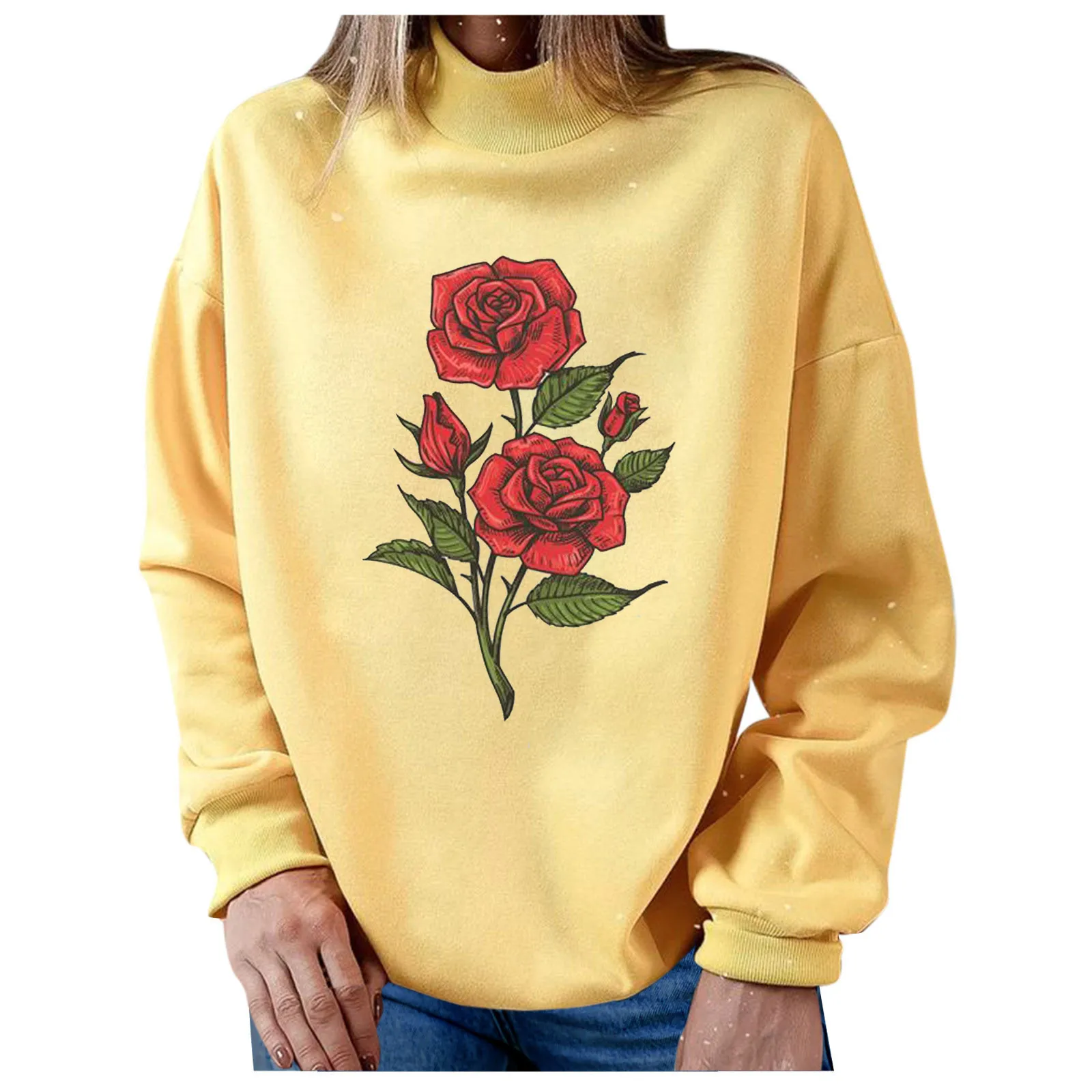 

Women‘s Sweatshirts Yellow Vintage Flower Printed Turtleneck Casual Loose Athletic Sweatshirts Female Pullover Tops Sudaderas