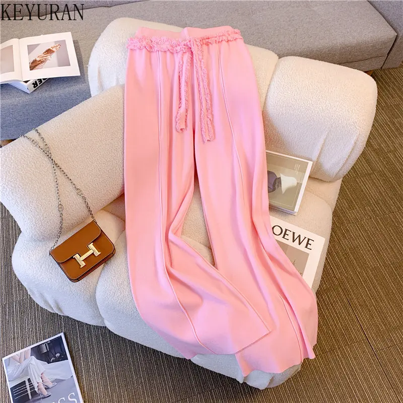 Tassel Knitted Wide Leg Pants Women's Casual Loose High Waist Flare Pants Soft Comfortable Fashion Drawstring Trousers for Women