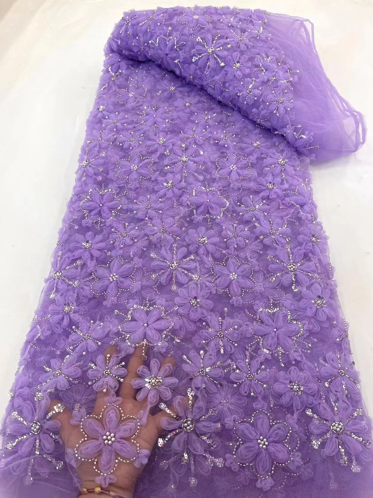 

Luxury African Lace Fabric 2023 High Quality 5 Yards 3D Beads Lace Material Nigerian French Sequins Lace Fabric For Wedding