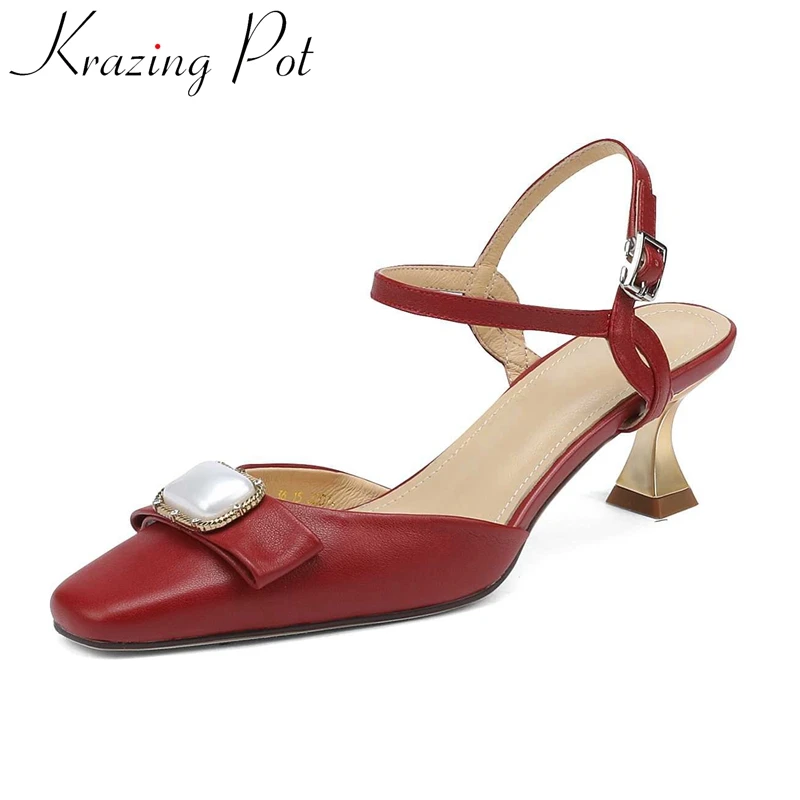 

Krazing Pot Genuine Leather Square Toe Slingback High Heel Pearl Decoration Buckle Strap Korean Style Sweet Women Sandals L15