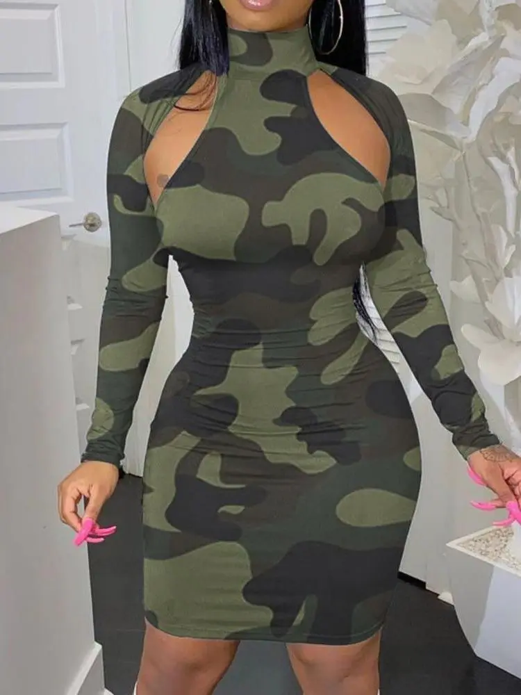 

Women Fashion Clothing High Neck Skinny Mini Dress Camouflage Print Cutout Long Sleeve Bodycon Dress