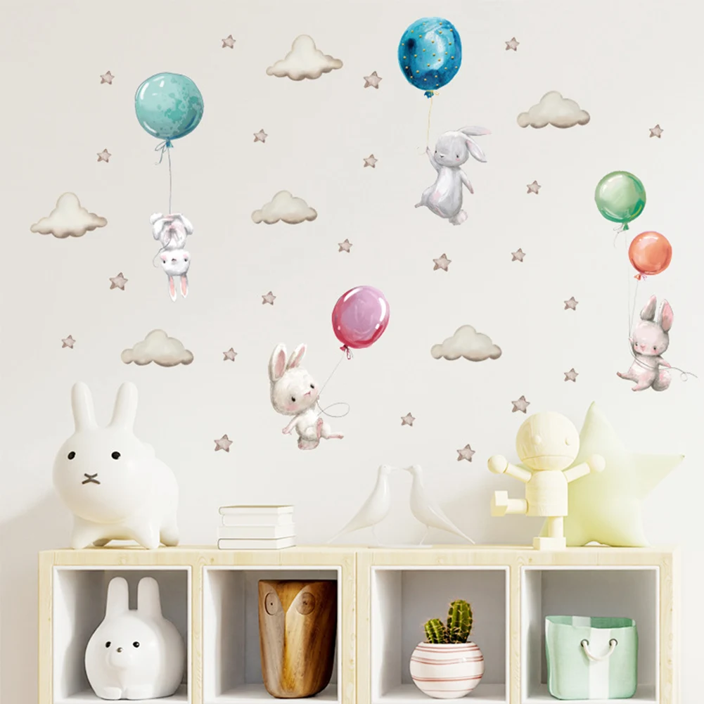 

Watercolor Pink Balloon Bunny Cloud Wall Stickers For Kids Room Baby Nursery Room Decoration Wall Decals Boy And Girls Gifts PVC