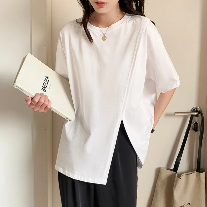 

Real Shoot Medium Long Short Sleeved T-Shirt Women's 2022 Summer New Korean Loose Versatile Half Sleeved Split Top