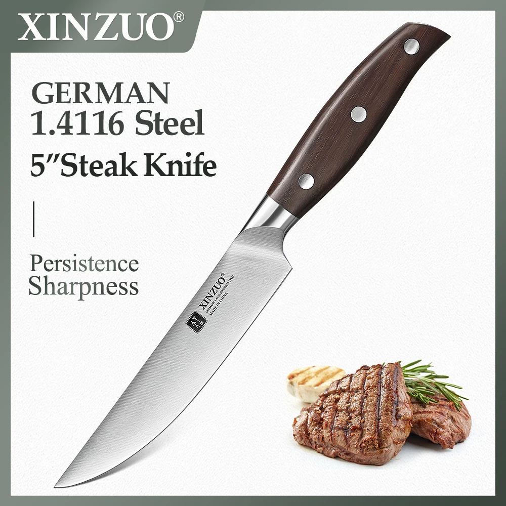 

XINZUO 5'' Steak Knife High Quality Sharp Stainless Steel Kitchen Knife German 1.4116 Steel Nature Red Sandalwood Handle