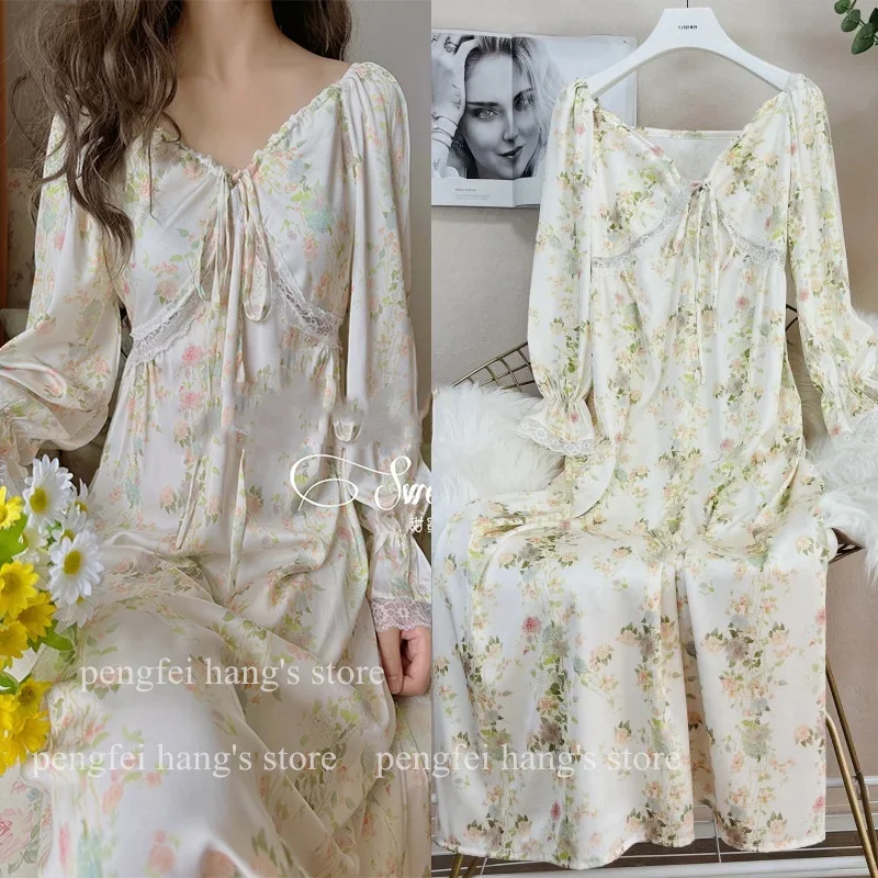 Drukuj kwiat bielizna nocna lodowy jedwab koszula w stylu francuskim Lady elegancki domowy szlafrok z długim rękawem Loungewear