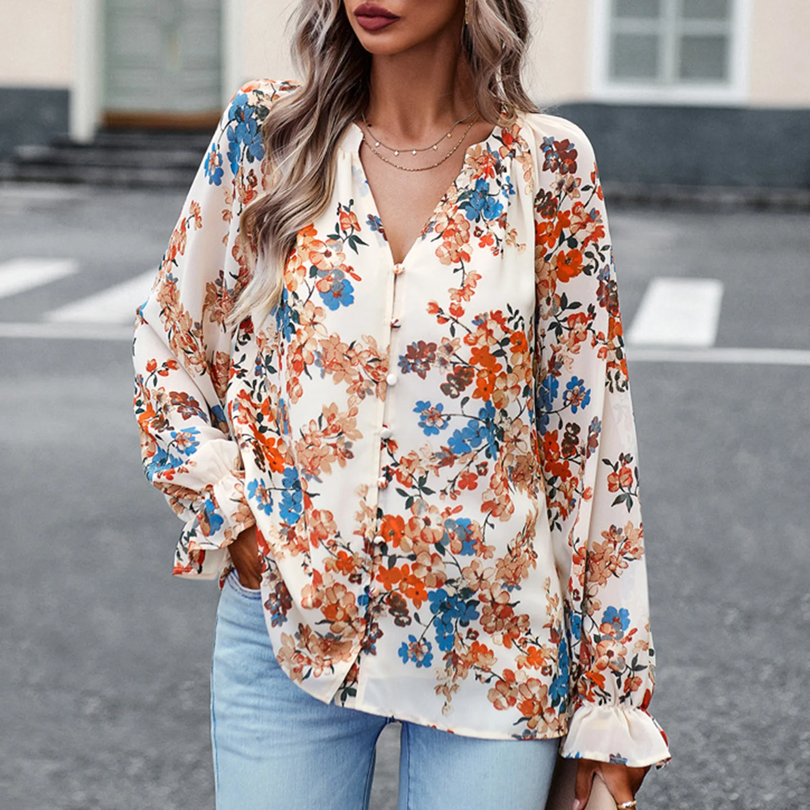 

Women Gathered Shirt Floral Printed Long Sleeve Top V Neck Elegant Fashion Pullovers Single Breasted Loose Fit Daily Outfit