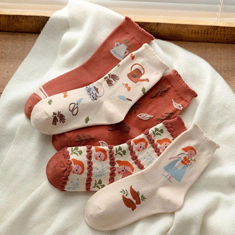 Lolita Girls Sweet Kawaii Cute Socks Cartoon Print Japanese Style Students Cotton Long Socks Fashion Harajuku Floral Woman Socks