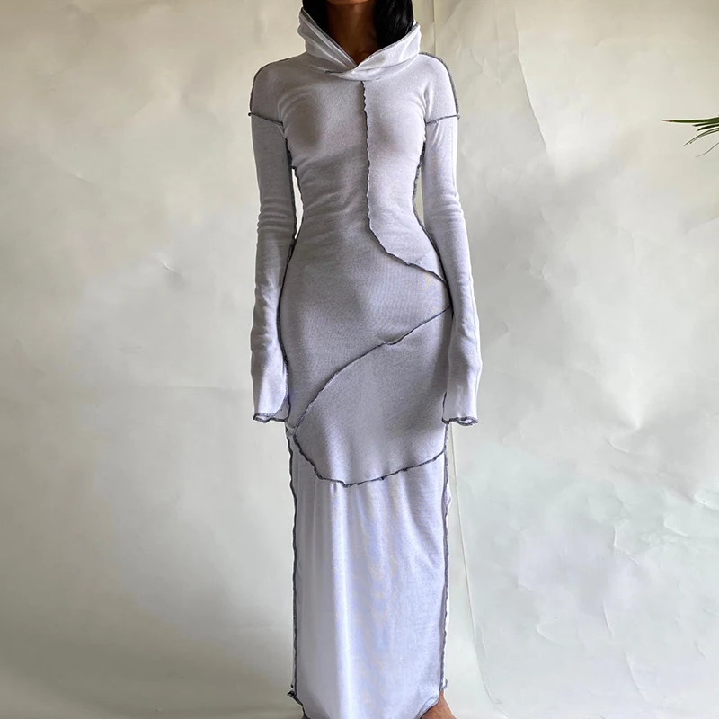 

Spring New Anti-car Side Hooded Long-sleeved T-shirt Patchwork Sexy Tight Dress Street Fashion Casual Clothing Women's Clothing