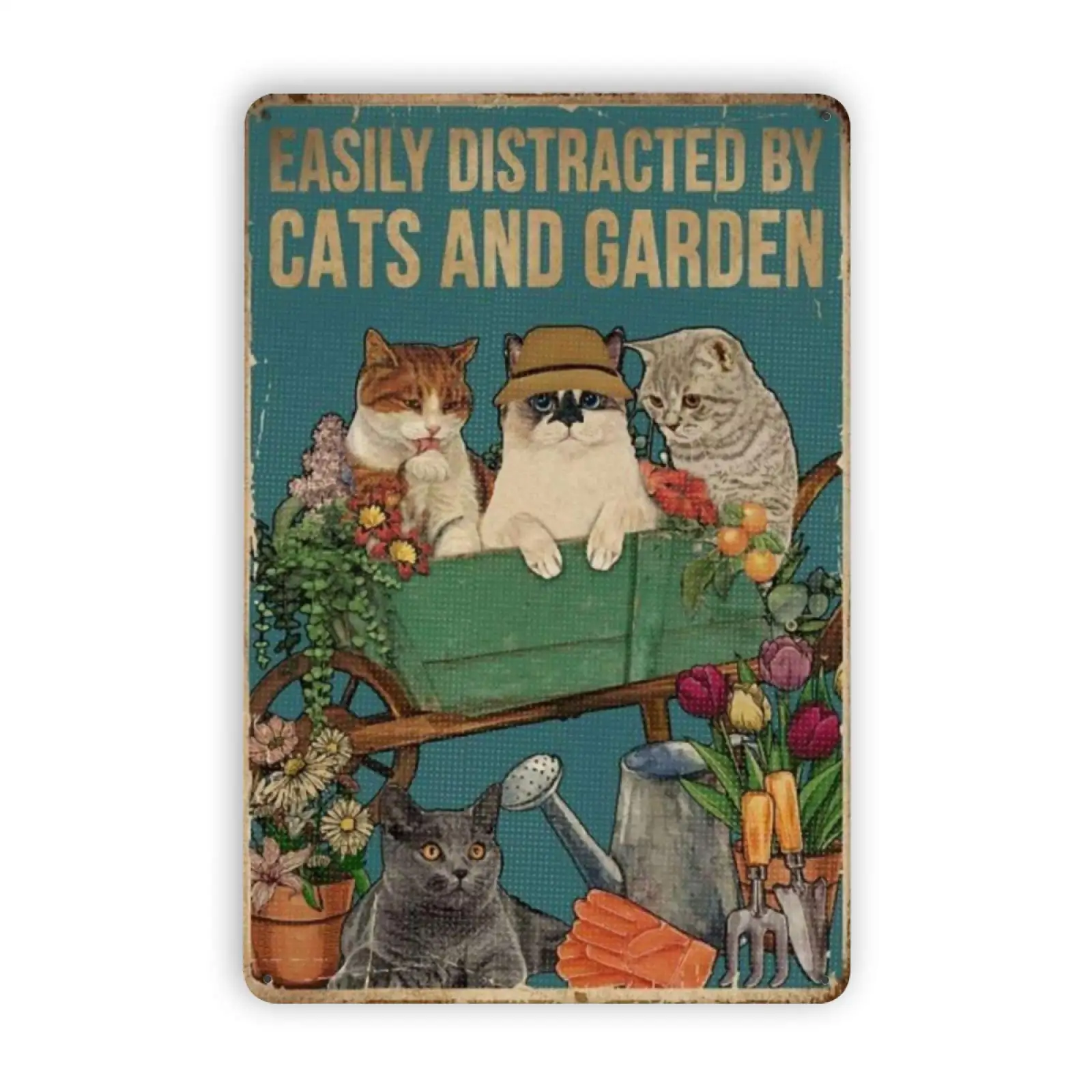 

Easily Distracted by Cats and Garden Tin Signs, Vintage Metal Tin Sign Retro Poster Design for Cafes Bar Pub Beer Club Wall Home