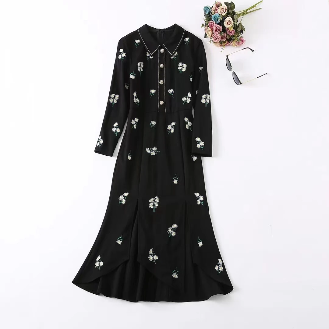 

Новинка, женская одежда в европейском и американском стиле для зимы 2022, модное платье-Русалка с длинными рукавами и вышивкой в виде хризантемы с лацканами